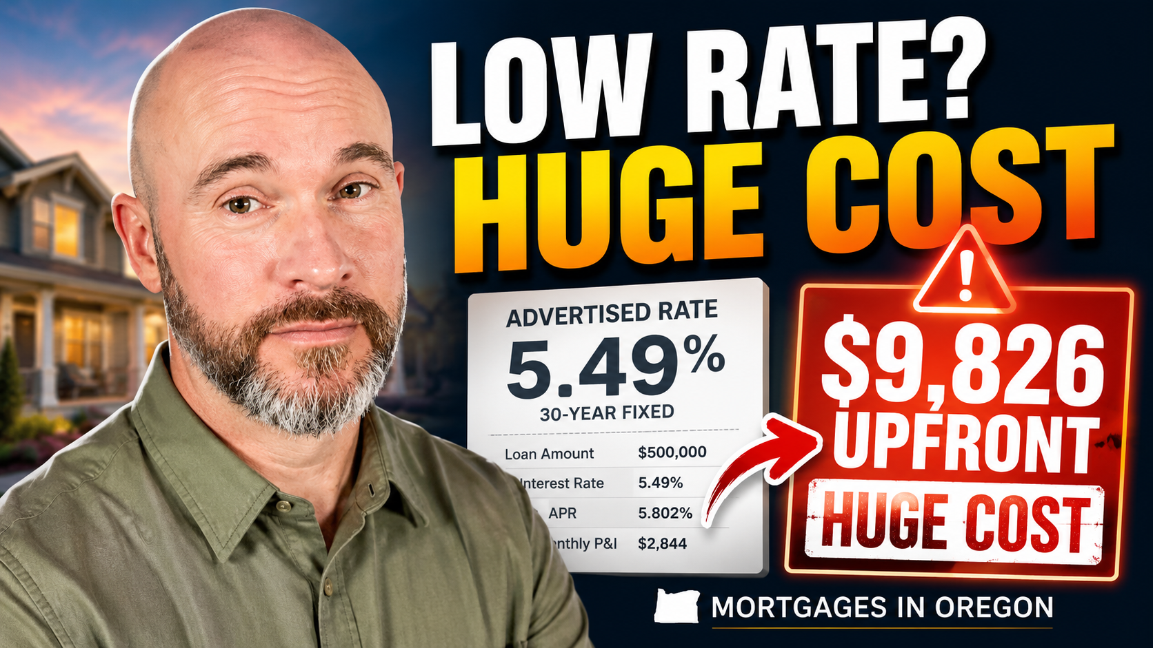 Matt Jolivette beside a mortgage rate graphic showing a 5.49% advertised rate and $9,826 in upfront costs.