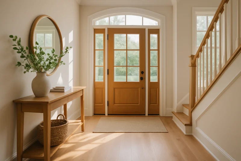 A beautiful welcoming entryway and foyer interior with natural wood accents
