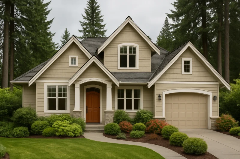 A beautiful, well-maintained cottage-style home with a soft beige light-colored exterior, Pacific Northwest style home, tall evergreen trees, soft ...