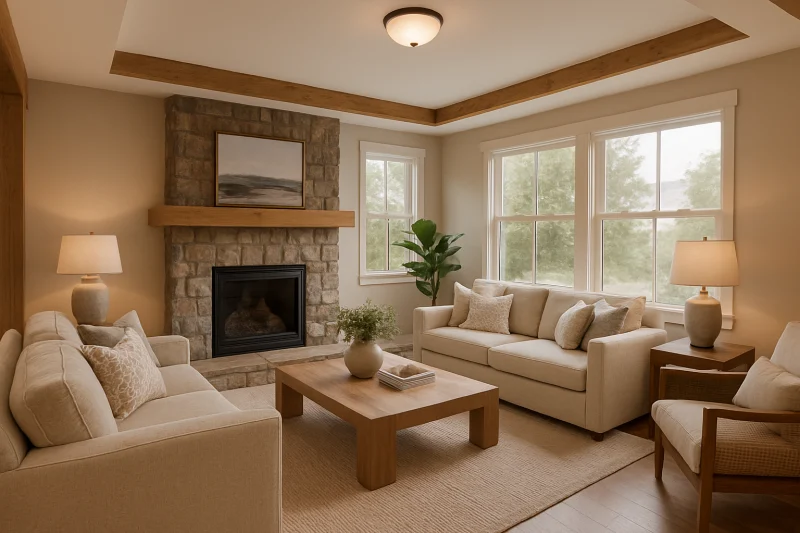 A beautiful comfortable family room interior with natural wood accents